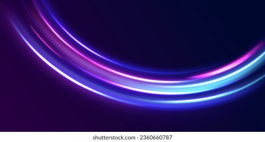 Luminous white lines of speed. Light trail wave, fire path trace line and incandescence curve twirl. 3d render. Abstract neon blue and purple circle. Glowing shiny lines effect vector background. 