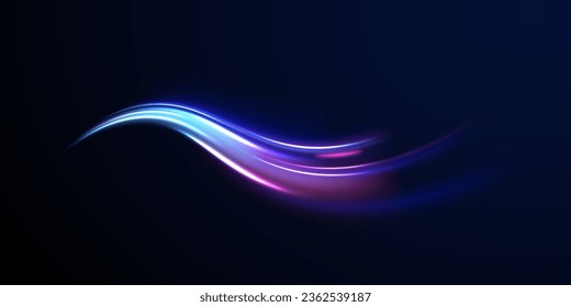 Luminous white lines of speed. Light trail wave, fire path trace line and incandescence curve twirl. 3d render. Abstract neon blue and purple circle. Glowing shiny lines effect vector background. 