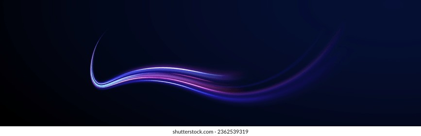 Luminous white lines of speed. Light trail wave, fire path trace line and incandescence curve twirl. 3d render. Abstract neon blue and purple circle. Glowing shiny lines effect vector background. 