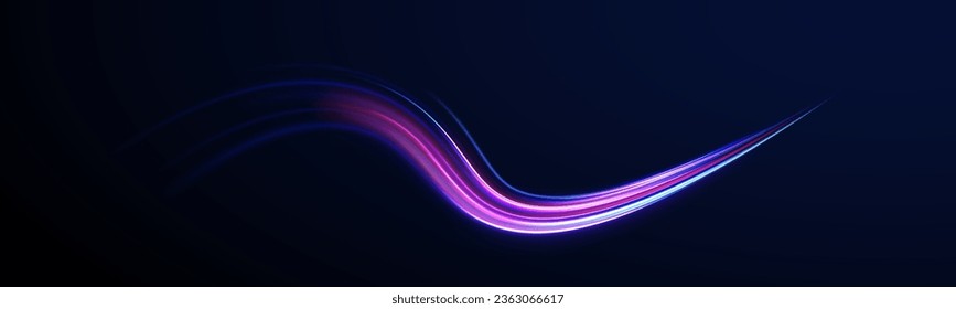 Luminous white lines of speed. Light trail wave, fire path trace line and incandescence curve twirl. 3d render. Abstract neon blue and purple circle. Glowing shiny lines effect vector background. 