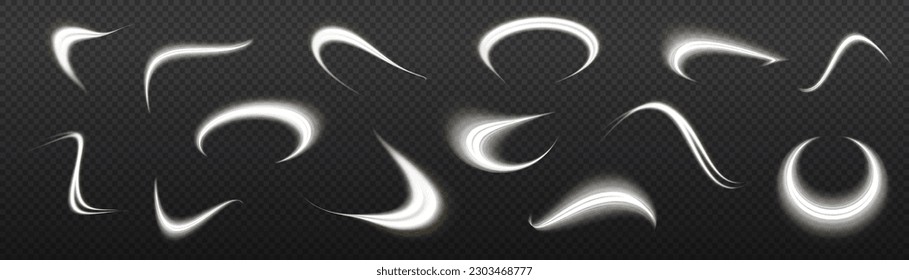 Luminous white lines of speed. Twist white line. Light trail wave, fire path trace line and incandescence curve twirl. Abstract motion lines. Vector PNG.