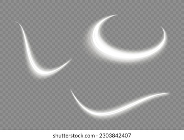 Luminosas líneas blancas de velocidad. Girar la línea blanca. Ola ligera de senderos, línea de trazos de senderos de incendios y giro de la curva de incandescencia. Líneas de movimiento abstractas. Vector PNG.