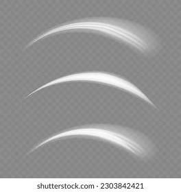 Luminous white lines of speed. Twist white line. Light trail wave, fire path trace line and incandescence curve twirl. Abstract motion lines. Vector PNG.