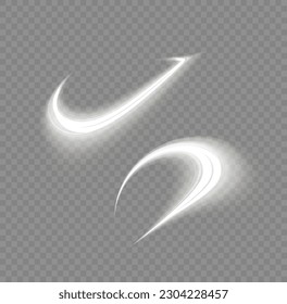 Luminosas líneas blancas de velocidad. Girar la línea blanca. Ola ligera de senderos, línea de trazos de senderos de incendios y giro de la curva de incandescencia. Líneas de movimiento abstractas. Vector PNG.