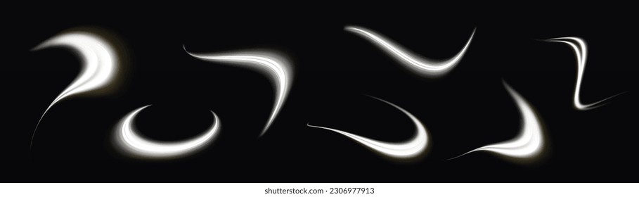 Luminous white lines of speed. Twist white line. Light trail wave, fire path trace line and incandescence curve twirl. Abstract motion lines. Vector PNG.