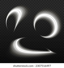 Luminous white lines of speed. Twist white line. Light trail wave, fire path trace line and incandescence curve twirl. Abstract motion lines. Vector PNG.
