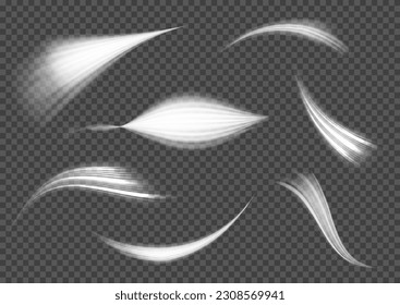 Luminous white lines of speed. Twist white line. Light trail wave, fire path trace line and incandescence curve twirl. Abstract motion lines. Vector PNG.