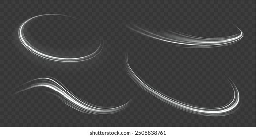 Luminous white lines of speed. Twist white line. Light trail wave, fire path trace line and incandescence curve twirl. Abstract motion lines.