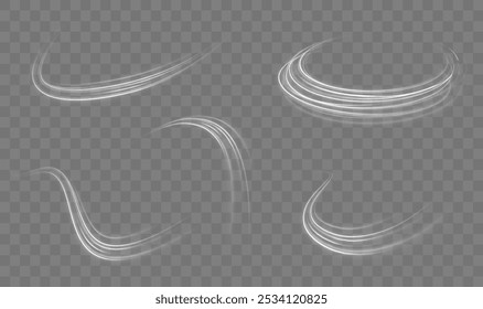 Luminous white lines of speed. Twist white line. Light trail wave, fire path trace line and incandescence curve twirl. Abstract motion lines.