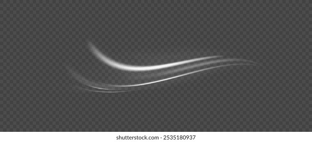 Luminous white lines of speed. Twist white line. Light trail wave, fire path trace line and incandescence curve twirl. Abstract motion lines.