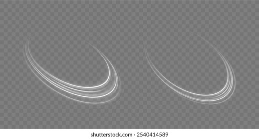 Luminous white lines of speed. Twist white line. Light trail wave, fire path trace line and incandescence curve twirl. Abstract motion lines.