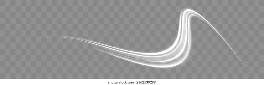 Luminous white neon line of speed. Motion speed and blur. Road magic of moving fast lines. Light trail wave png effect, fire path trace line, curve twirl. Bright spiral. Vector illustration.