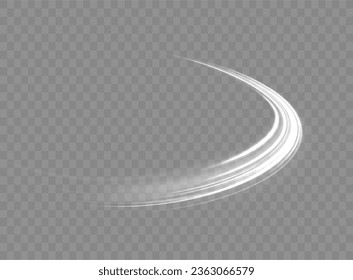 Luminous white neon line of speed. Motion speed and blur. Road magic of moving fast lines. Light trail wave png effect, fire path trace line, curve twirl. Bright spiral. Vector illustration.