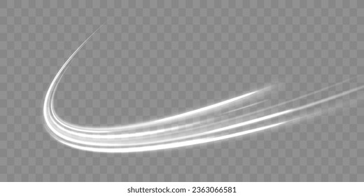 Luminous white neon line of speed. Motion speed and blur. Road magic of moving fast lines. Light trail wave png effect, fire path trace line, curve twirl. Bright spiral. Vector illustration.