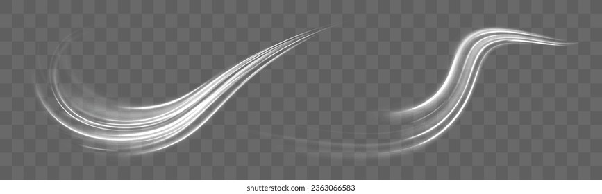 Luminous white neon line of speed. Motion speed and blur. Road magic of moving fast lines. Light trail wave png effect, fire path trace line, curve twirl. Bright spiral. Vector illustration.