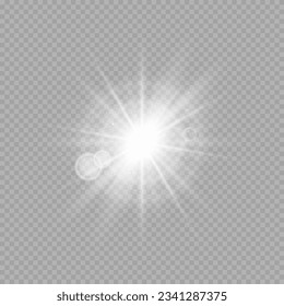 Una estrella blanca y luminosa sobre un fondo transparente. Efecto luminoso brillante y transparente con resaltados. Ilustración vectorial.