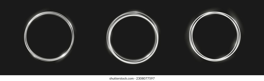 Luminoso remolino blanco. Pedistal plateado claro, podio, plataforma, mesa. Círculo de brujería mágica moderna con pistas. Señal etérea del portal de incendios con extraña chispa de llama. Vector de efecto de traza luminoso.