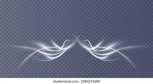 Luminous white wavy line png of light on a transparent background. White light, electric light, light effect png. Curve white line png for games, video, photo, callout, HUD.