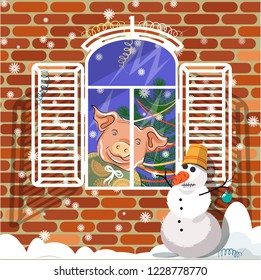 Luminous window in the wall of a brick house. In the window you can see a funny pig on the background of the Christmas fir. Outside the house under the window is a snowman. Vector illustration
