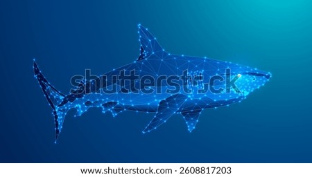 A luminous wireframe shark rendered in electric blue polygons, evoking marine power and futuristic design. Perfect for tech, ocean-inspired visuals, or abstract creative concepts. Vector illustration