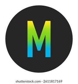 Luminous Yellow to Fresh Lime Green and Deep Cobalt Blue Gradient Capital Letter M on a Dark Charcoal Gray Circular Background