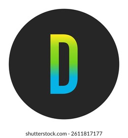 Luminous Yellow to Fresh Lime Green and Deep Cobalt Blue Gradient Capital Letter D on a Dark Charcoal Gray Circular Background