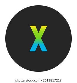 Luminous Yellow to Fresh Lime Green and Deep Cobalt Blue Gradient Lowercase Letter x on a Dark Charcoal Gray Circular Background