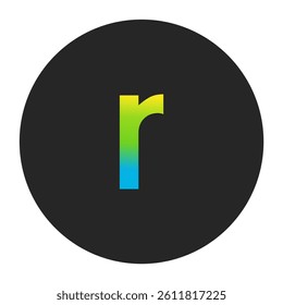 Luminous Yellow to Fresh Lime Green and Deep Cobalt Blue Gradient Lowercase Letter r on a Dark Charcoal Gray Circular Background