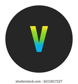 Luminous Yellow to Fresh Lime Green and Deep Cobalt Blue Gradient Lowercase Letter v on a Dark Charcoal Gray Circular Background