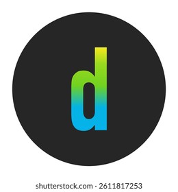 Luminous Yellow to Fresh Lime Green and Deep Cobalt Blue Gradient Lowercase Letter d on a Dark Charcoal Gray Circular Background