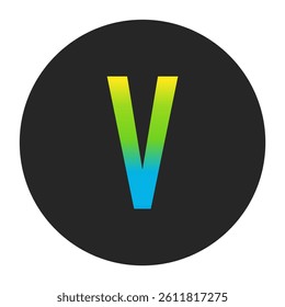 Luminous Yellow to Fresh Lime Green and Deep Cobalt Blue Gradient Capital Letter V on a Dark Charcoal Gray Circular Background