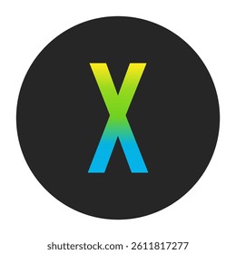Luminous Yellow to Fresh Lime Green and Deep Cobalt Blue Gradient Capital Letter X on a Dark Charcoal Gray Circular Background