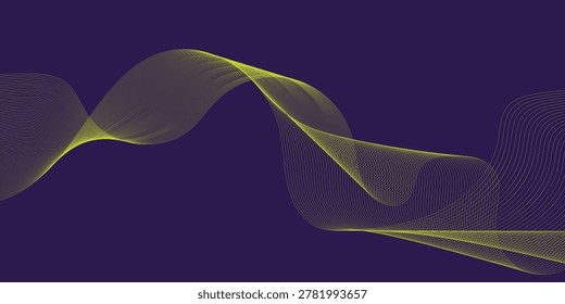 A luminous yellow wave-like form gracefully curves and undulates against a deep purple backdrop, creating a sense of movement and fluidity.