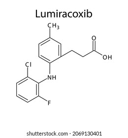 Lumiracoxib molecular structure, flat skeletal chemical formula. NSAID drug used to treat pain. Vector Illustration.