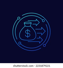 Lump sum payment icon with money bag, linear design