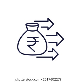 Ícone de linha de pagamento de quantia total com sacola de dinheiro e rúpia indiana