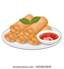 Lumpia Spring Rolls with Chili Sauce on white plate Illustration 