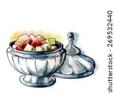 Lumps of Lokum or Turkish Delight  in a shiny silver vase. Traced watercolor sketch with and line drawing in a separate layers isolated on white background. EPS10 vector illustration.