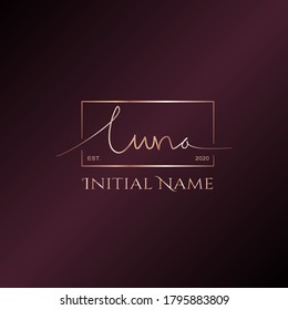 Luna, Beautiful Rose Gold Elegant Handwritten calligraphic girl' name signature logo design.