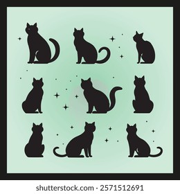 Luna cat silhouette set Clipart on a hex color background