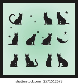 Luna cat silhouette set Clipart on a hex color background