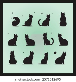 Luna cat silhouette set Clipart on a hex color background