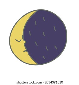 Luna is a character in comic cartoon style. A crescent moon in the night sky. Face. Hand drawing illustration