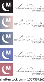 LUNA MIA TYPE LOGO WITH EDITABLE NAME WITH AN M AND MOON IN A BOX AND HANDWRITTEN NAME IN FIVE COLOR VARIATIONS