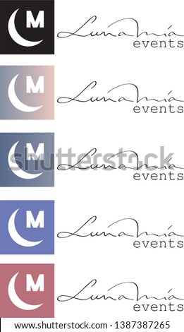 LUNA MIA TYPE LOGO WITH EDITABLE NAME WITH AN M AND MOON IN A BOX AND HANDWRITTEN NAME IN FIVE COLOR VARIATIONS