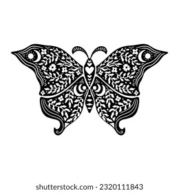 Luna moth. Celestial butterfly vector illustration. Mystical moth with moon phases, bohemian herbs. Black magic insect on white background. Esoteric symbol. Design for card, poster. Linocut style.