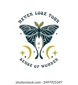 Luna moth hand drawn illustration with inspirational quote Never Lose Your Sense of Wonder. Celestial butterfly design with motivational saying.