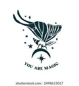 Luna moth hand drawn illustration with inspirational quote you are magic. Celestial butterfly design with motivational saying.