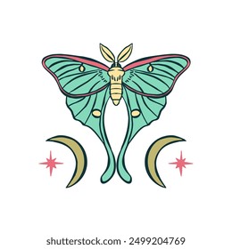 Luna moth hand drawn illustration isolated on white background. Celestial butterfly design