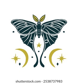 Luna moth hand drawn illustration isolated on white background. Celestial butterfly design